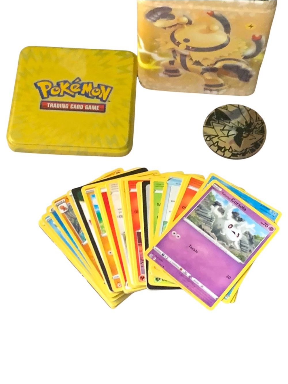 Pokémon Electivire Stacking Tin with Assorted Yellow-Edged Trading Cards & coin.